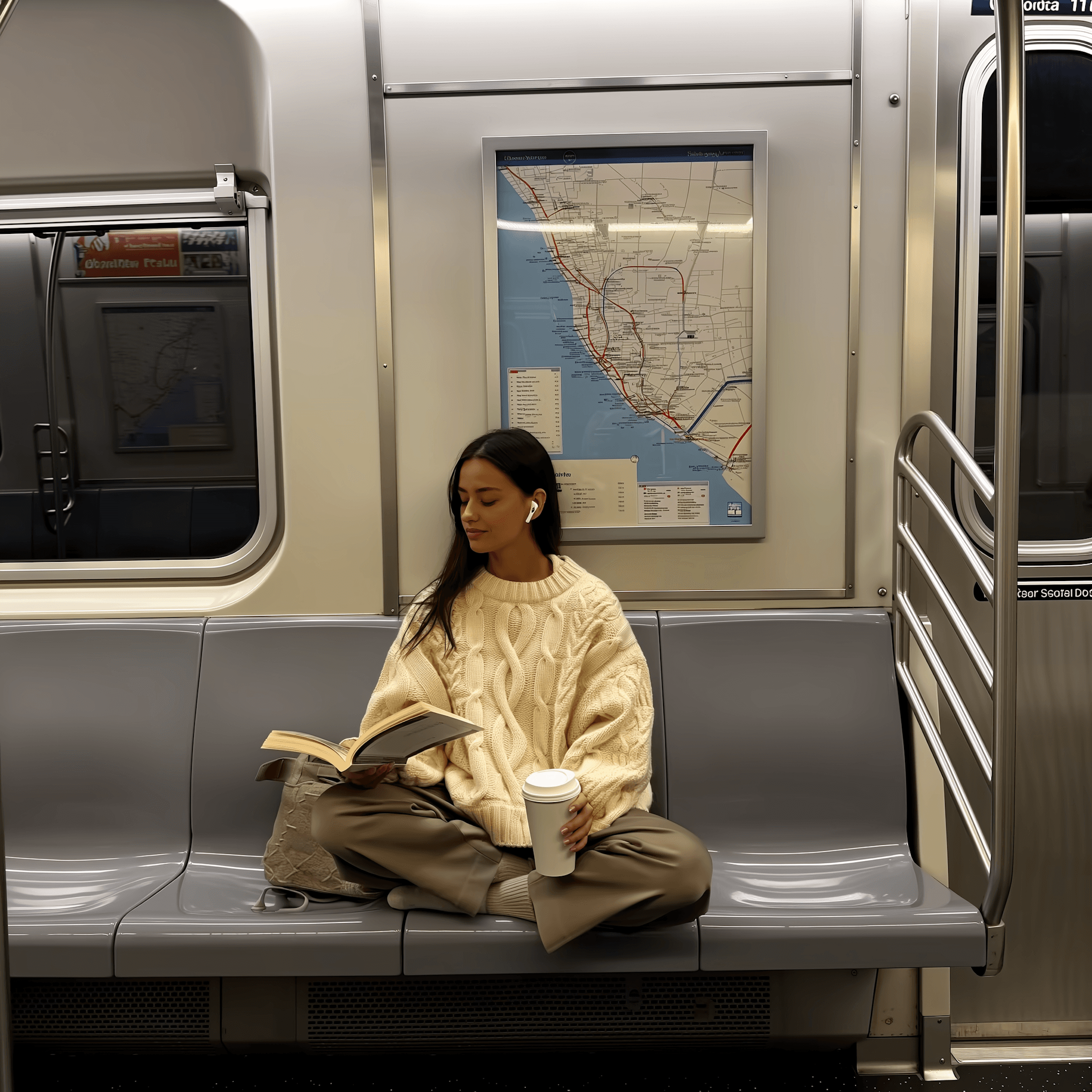 Woman reading a book on a subway train with a map in the background