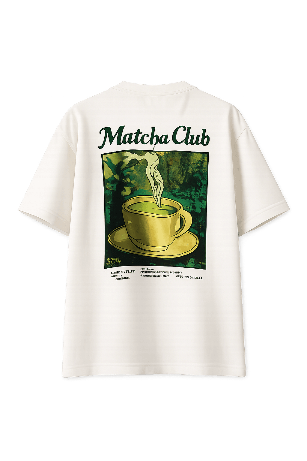White t-shirt with 'Matcha Club' graphic design featuring a green tea cup on a white background