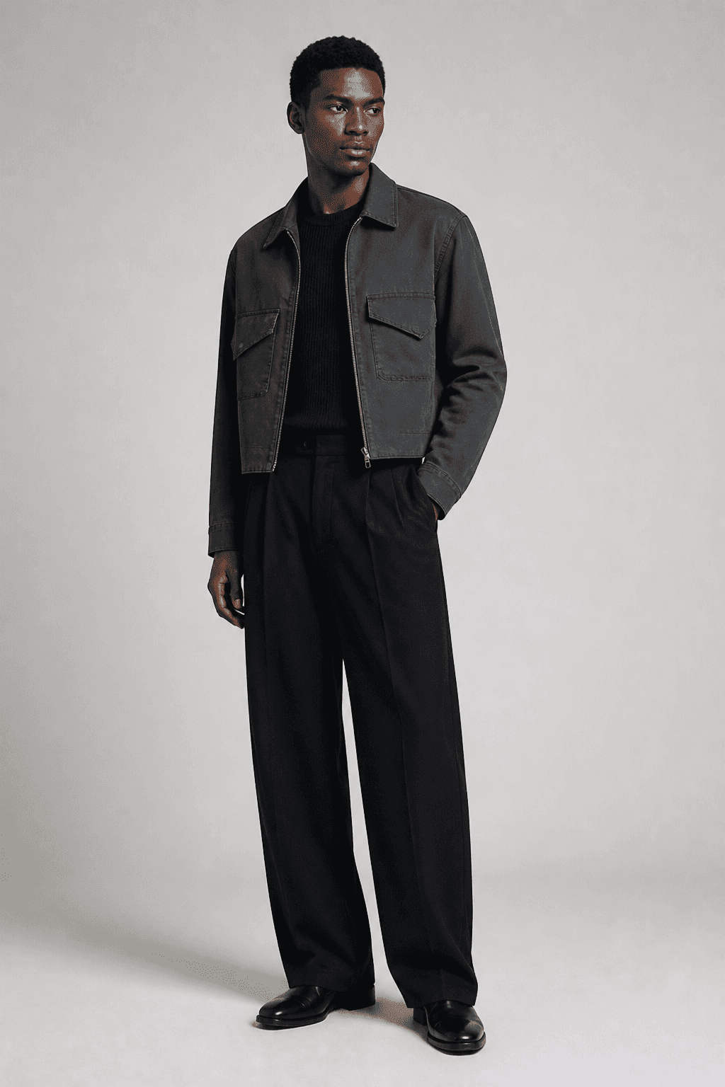 Model in a charcoal jacket and black tailored trousers