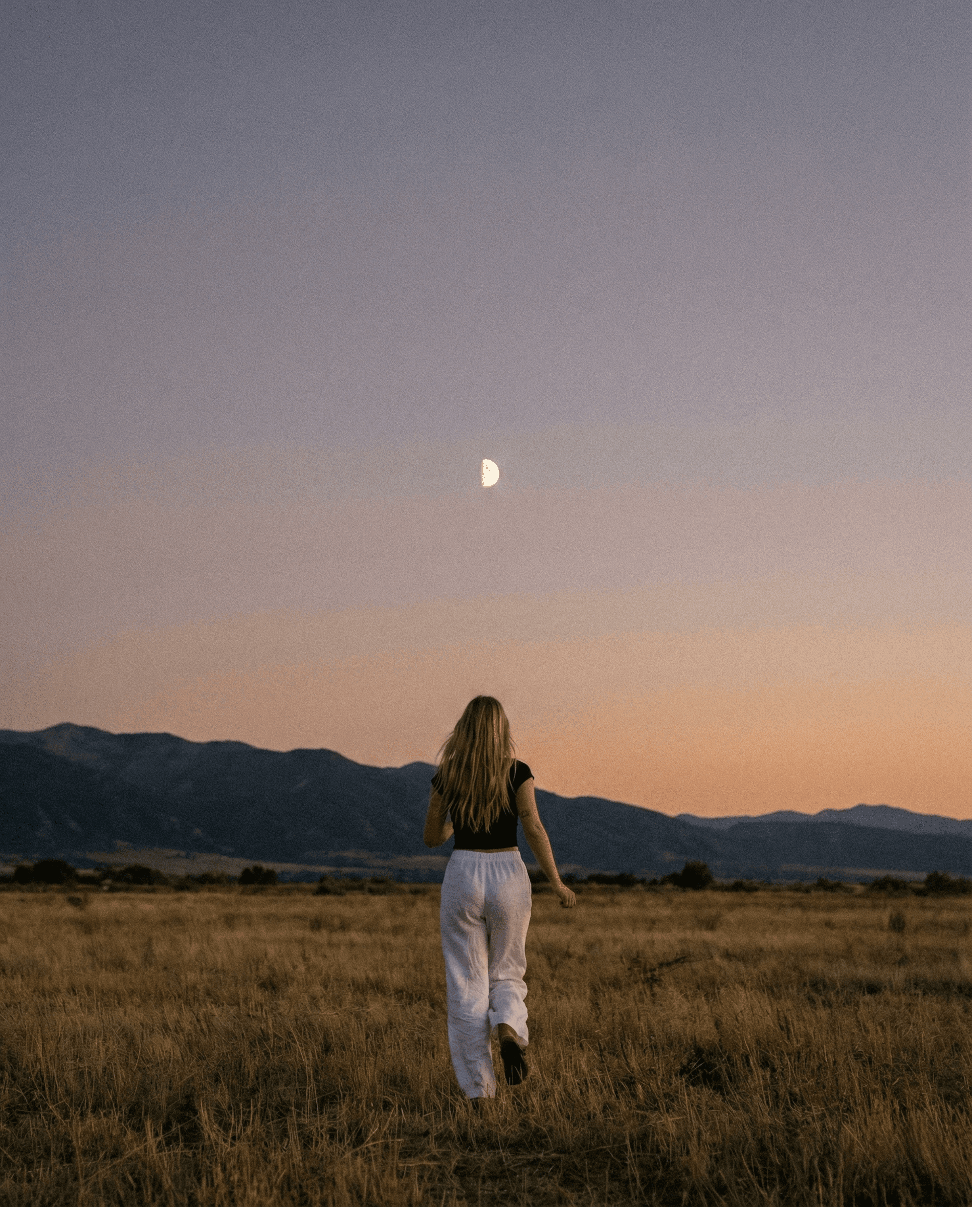 Person walking in a field towards the moon at sunset