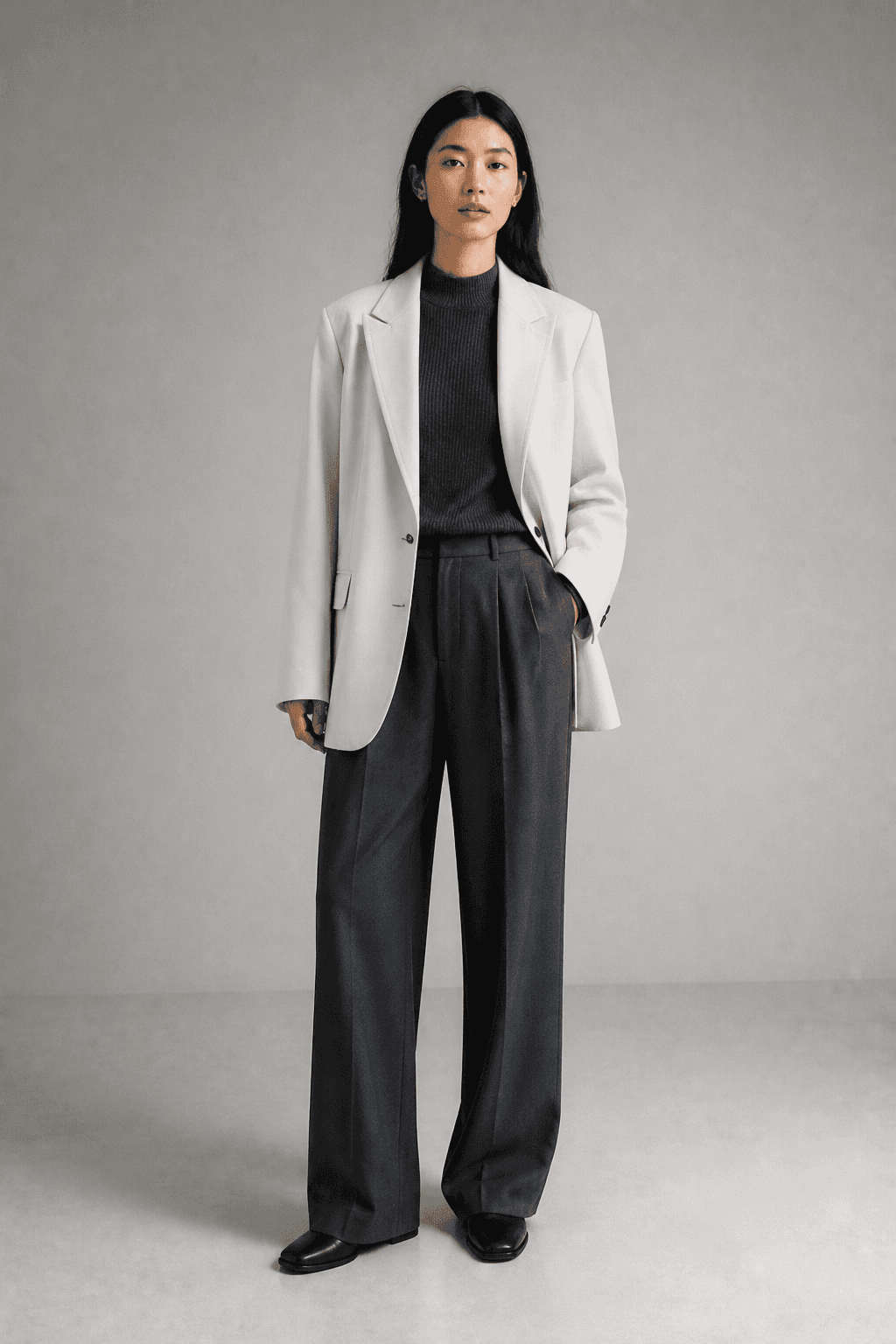 Model in an off-white blazer and graphite tailored trousers