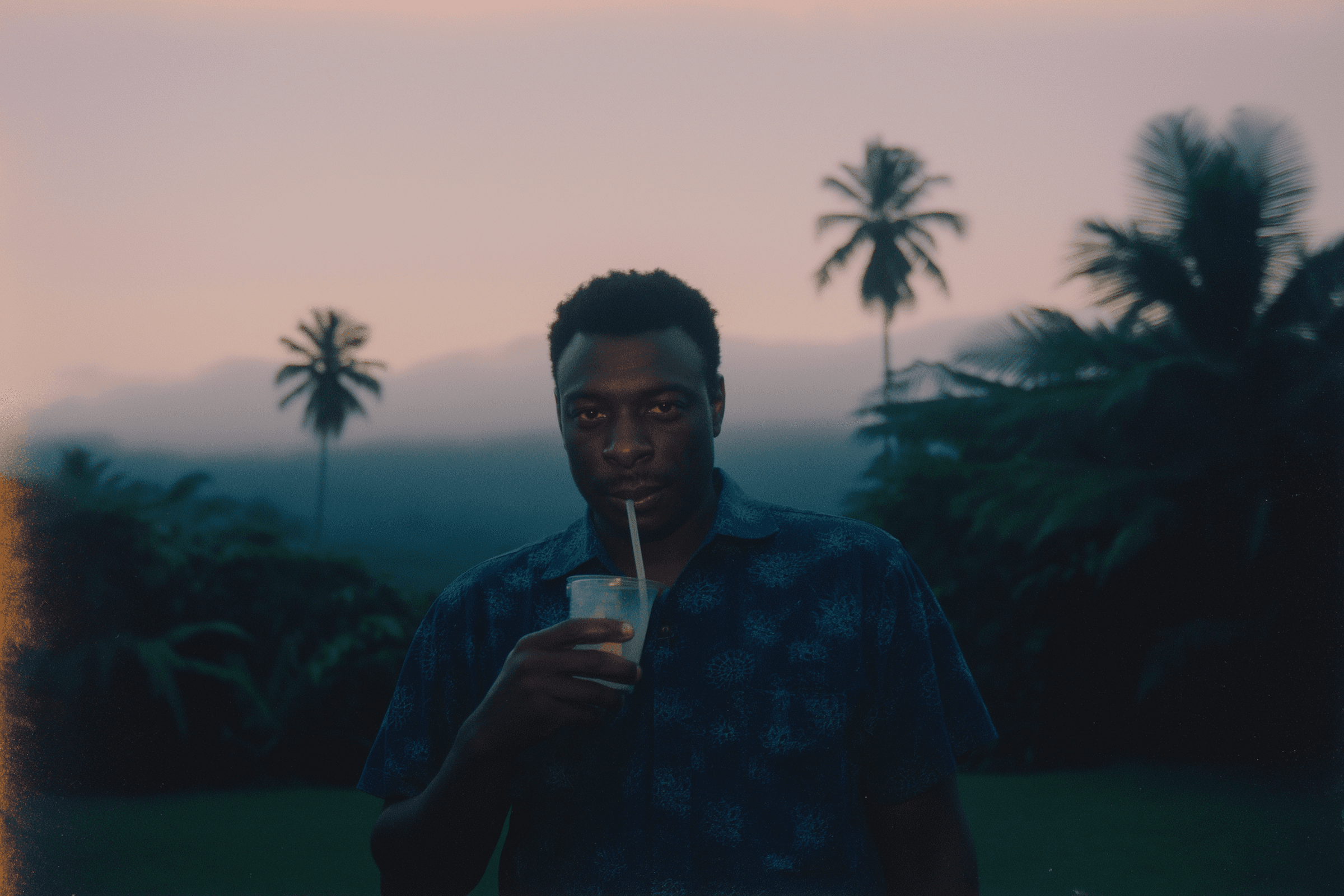 A person stands outdoors sipping a drink through a straw, surrounded by lush greenery and silhouetted palm trees against a hazy mountain backdrop at sunset.